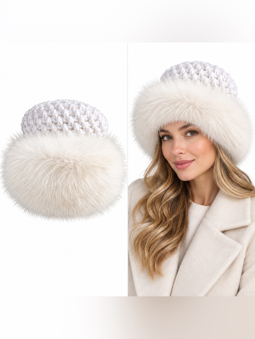 Graf’s Furs White Knit Fur Trim Cossack Winter Hat Like New